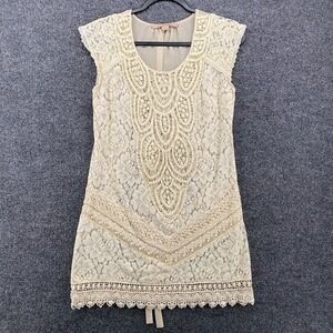 Anthropologie Champagne & Strawberry Dress Medium Beige Crochet Romantic Fairy